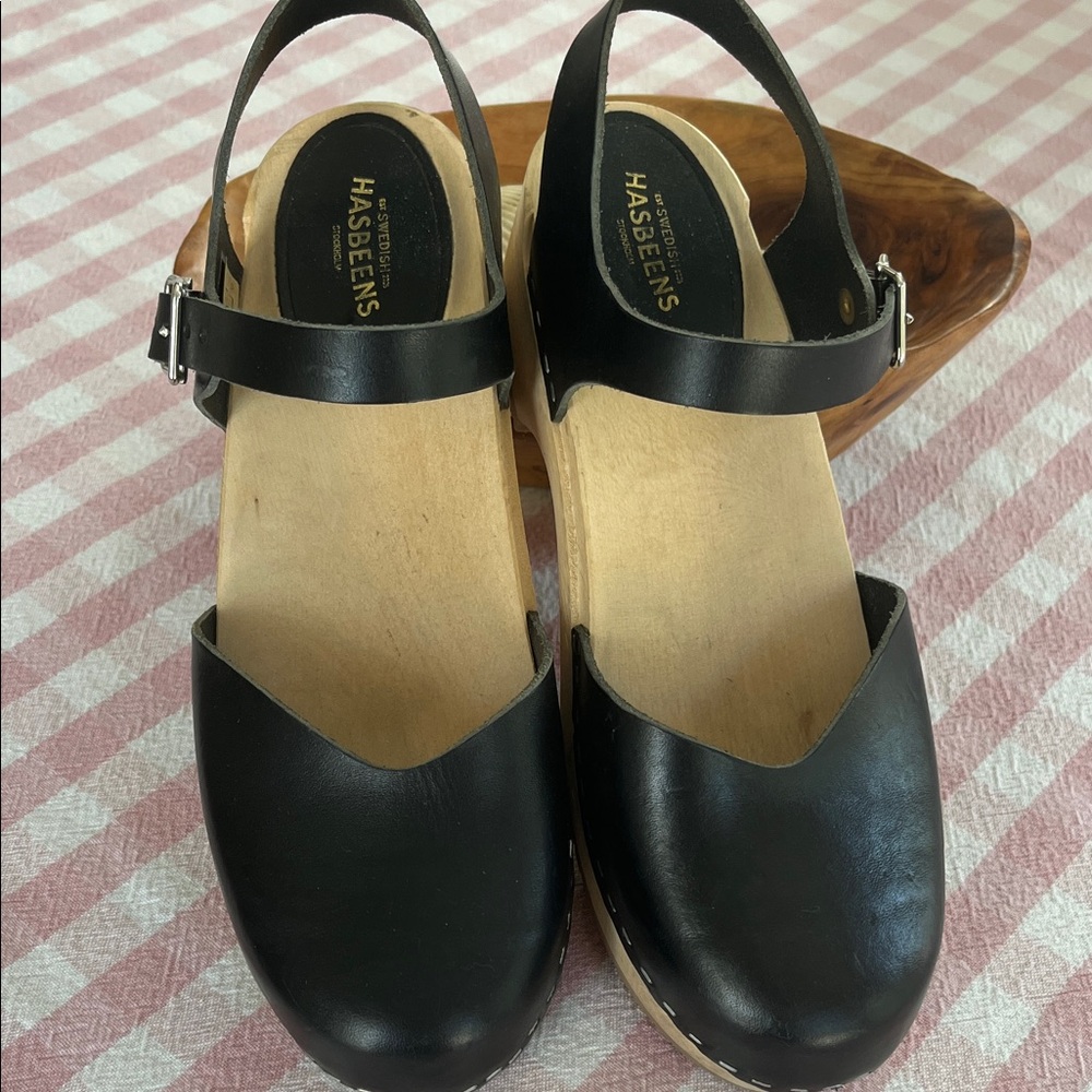 Swedish Hasbeens Black Leather Mules